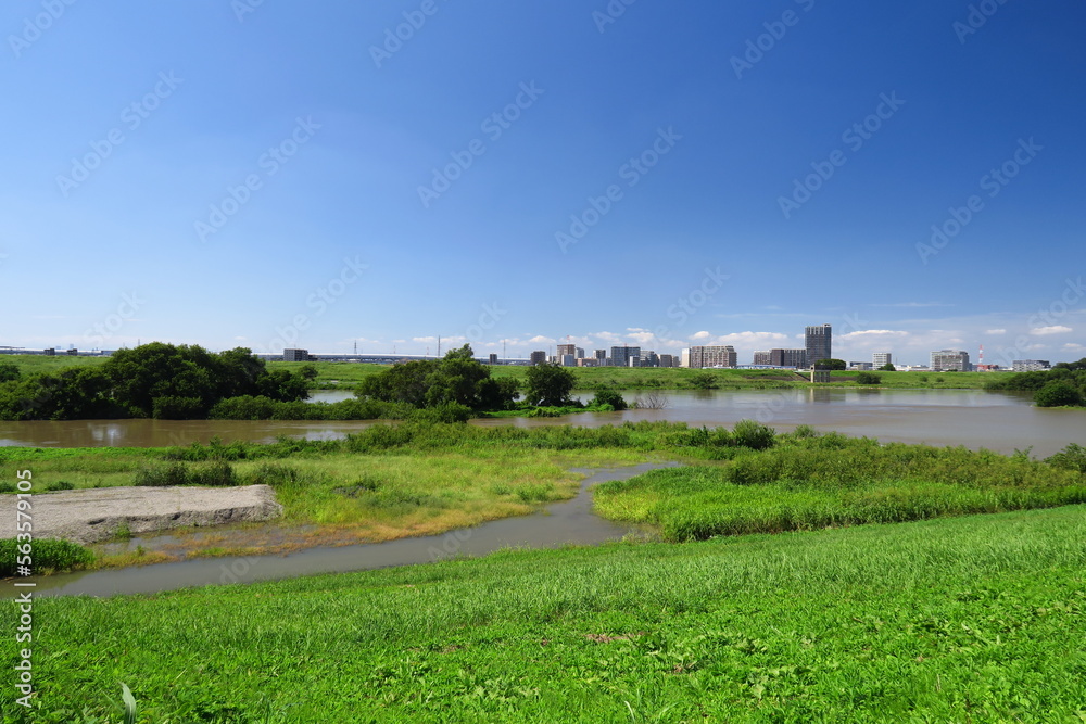 秋の台風一過の翌朝の増水した江戸川と冠水した河川敷風景