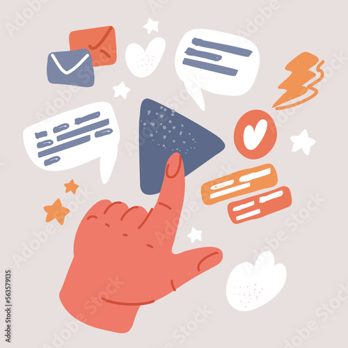 Vector illustration of hands hold Button video player with finger click button. Social media web button, channel video content.