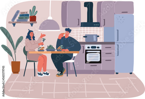 Vector illustration of Couple having breakfast or lunch at home. Young people eating food and surfing the internet on mobile phone in modern kitchen.