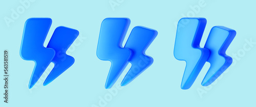 3d blue thunderbolt, double lightning icons isolated on background. Render of lightning hit, electric strikes, flash of thunderbolt. 3d cartoon simple vector illustration.
