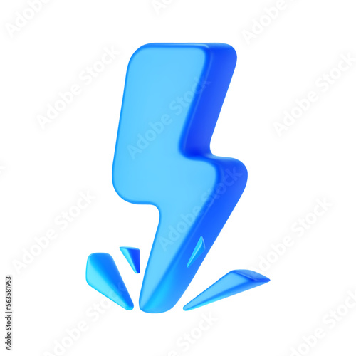 3d blue thunderbolt with sparks, lightning icon isolated on white background. Render of lightning hit, electric strike, flash of thunderbolt. 3d cartoon simple vector illustration
