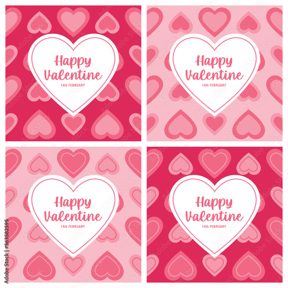 Happy Valentine's Day set of simple cards, banners or backgrounds with heart frame and pattern in modern flat style for decor, greetings, packaging, print, web, promo, sale, pattern