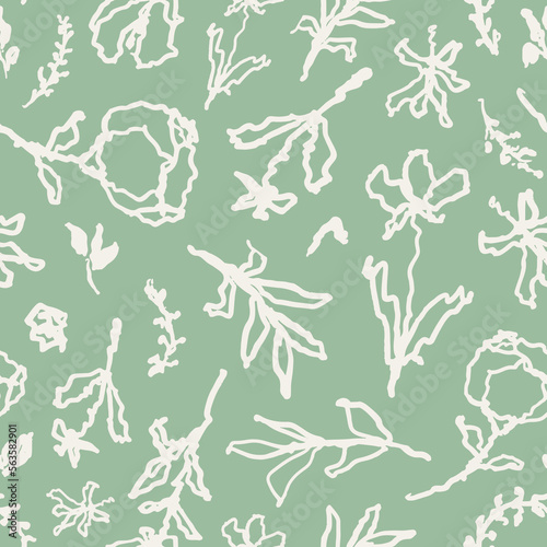 Scribbled flowers with leaves  herbs  grass etc. seamless repeat pattern. Random placed  vector botany all over surface print on sage green background.