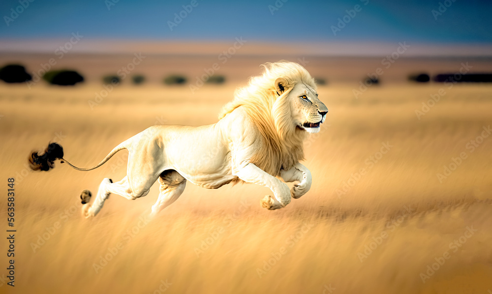 Magnificent white Lion running through the savannah wildlife, wildlife animal, digital art, generative ai
