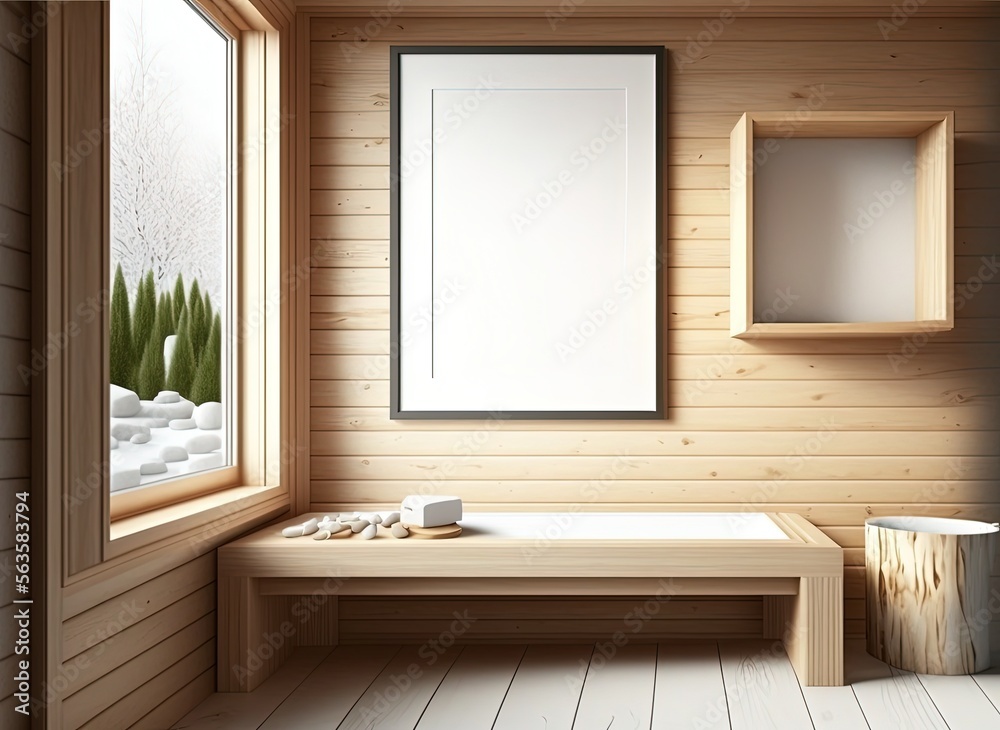 Fototapeta premium illustration of mock-up wall decor frame, empty frame on wooden wall in sauna room or rest room Generative Ai