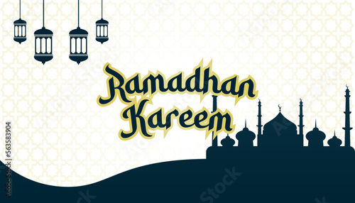 Islam holy month Ramadan Kareem invitation greeting card illustration vector with gold colored lamp ornament.