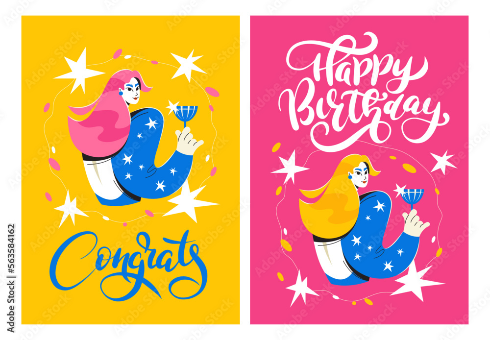 A set of birthday cards. A cute girl with a glass of champagne and a beautiful lettering. congratulations