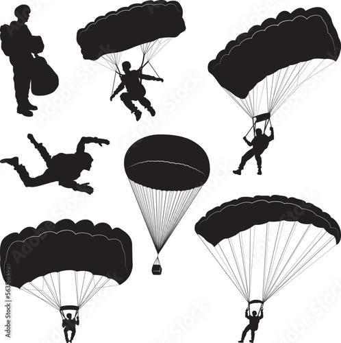 Set of Skydivers, Parachuting Silhouettes. Vector Image