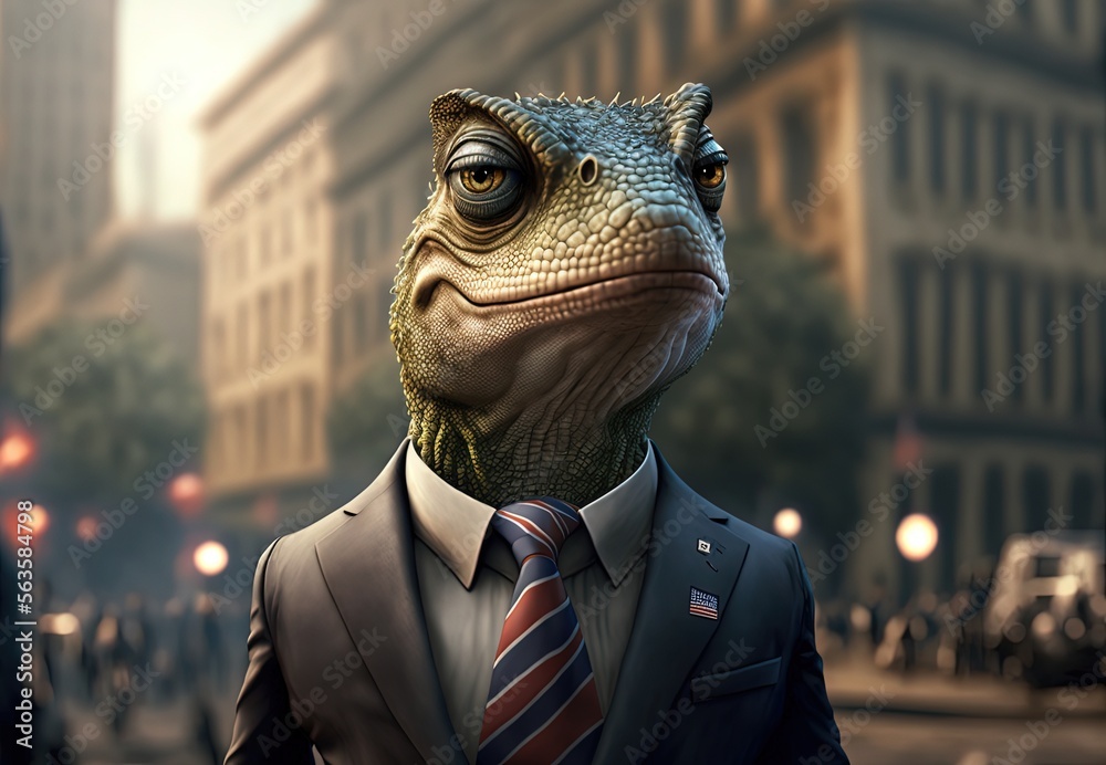 character design illustration of a lizard wearing businessman costume