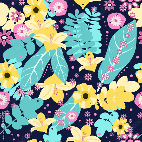 Floral seamless pattern. Tropical and forest leaves and flowers of daisies, lilies. Meadow, Forest. Prints, packaging template, textiles, clothing, bedding and wallpaper.