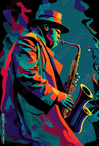 Afro-American male jazz musician saxophonist playing a saxophone in an abstract cubist style painting for a poster or flyer, computer Generative AI stock illustration