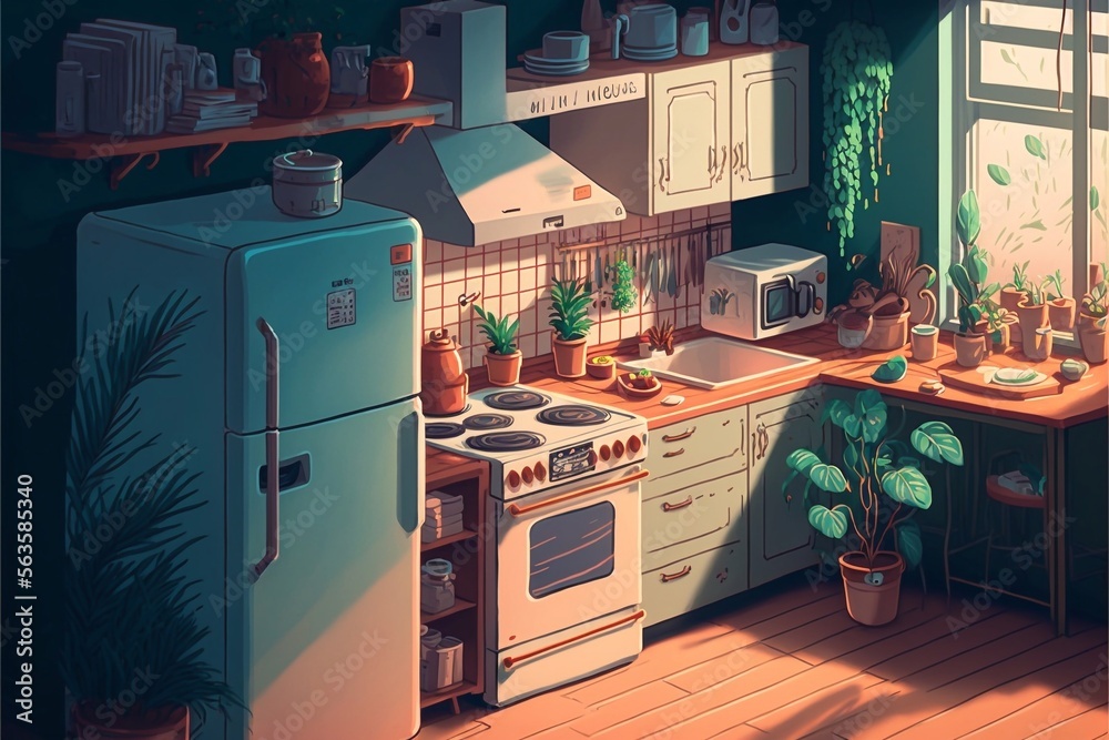 Lofi kitchen, beautiful chill, atmospheric wallpaper. background. lo-fi