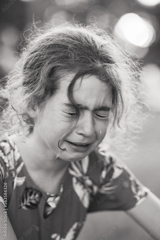 Black and white Portrait of crying sad little girl Black and white Portrait of crying sad little girl