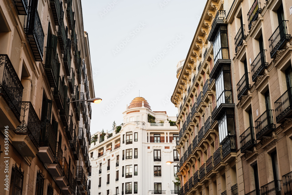 Old residential buildings in central Madrid. Real estate, renovation and maintenance concepts