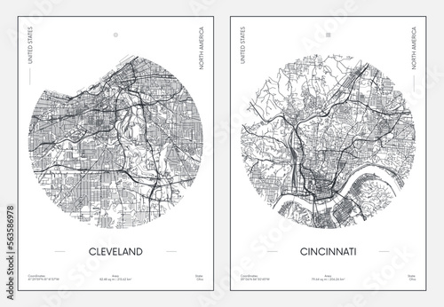 Travel poster, urban street plan city map Cleveland and Cincinnati, vector illustration