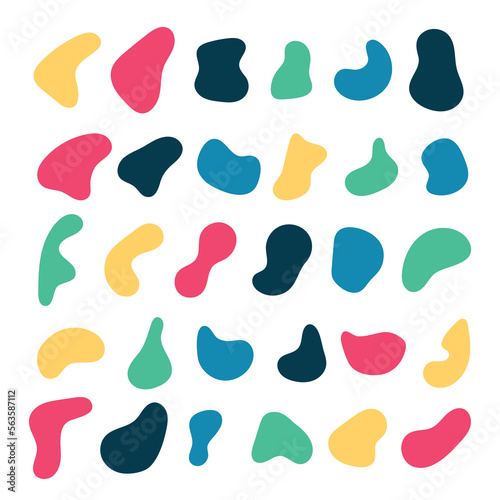 Various blotch. Random color blobs, round abstract organic shapes. Pebble, drops and stone silhouettes. Basic, simple rounded, smooth colorful forms