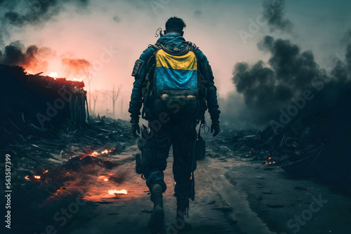 Ukrainian soldier in a destroyed city. A soldier walking along a road. Generative AI © quqadesign