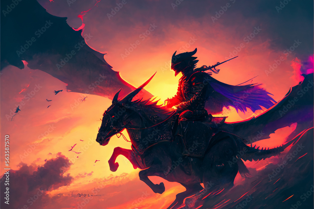 A hero person black knight riding a horse flying in the sunset sky, Generative AI