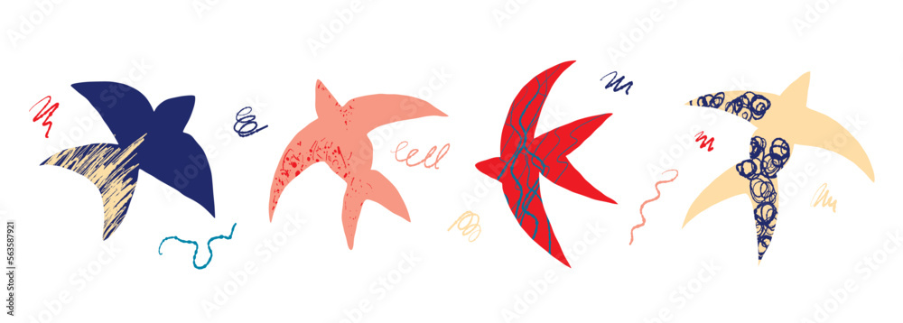 Obraz premium Vector set of decorative abstract elements, stars and birds in the matisse style