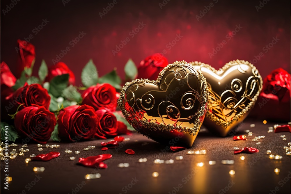 valentine day celebration with red roses, chocolates, candles, and champagnes with red bokeh background. red heart bokeh valentine background. Generative AI valentine day celebration with red roses, chocolates, candles, and champagnes with red bokeh background. red heart bokeh valentine background. Generative AI