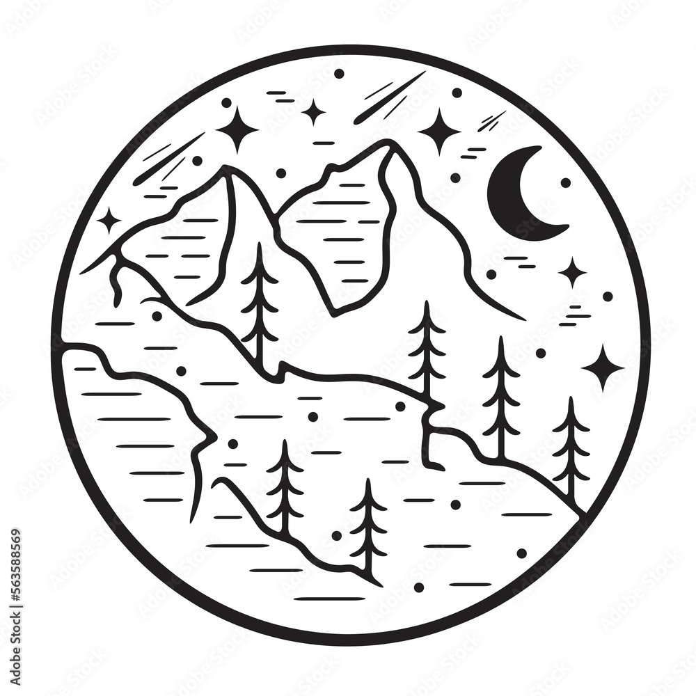 Mountain and Cliff With Night Sky Vector for Icon and Sticker Design Mountain and Cliff With Night Sky Vector for Icon and Sticker Design