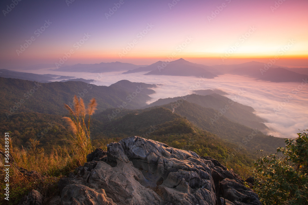 Obraz premium Doy-pha-tang, Landscape sea of mist on Mekong river in border of Thailand and Laos.