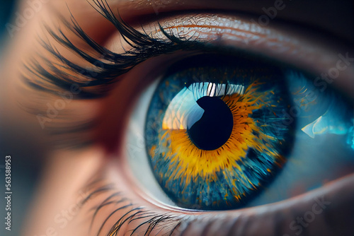 Female eye in blue and yellow iris color. Created with Generative AI technology