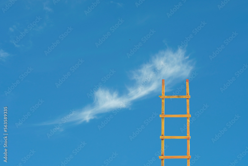 Business vision development,start up and ideas concept. Ladder of success leading to a cloud in the blue sky.Large copy space