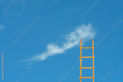 Business vision development start up and ideas concept. Ladder of success leading to a cloud in the blue sky.Large copy space