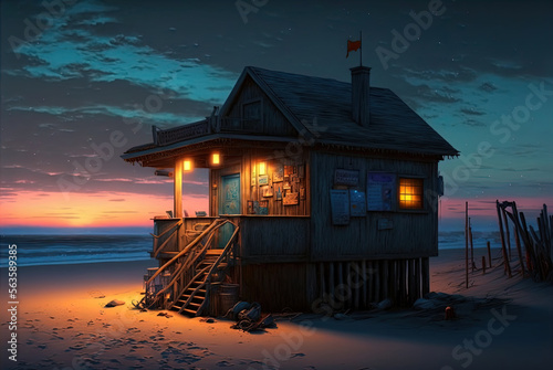 A shack restaurant on a beach. 