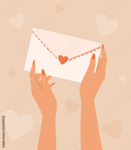 Female hands with manicure holding envelope with a love letter. Vector postcard or banner for valentines day.