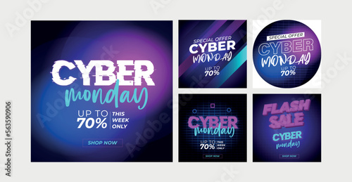 Vector set of social media ads banners, flyers, poster templates in fluid holography style. Abstract liquid shapes cards for web, e-mail promotion. Business offer black friday and cyber monday sale
