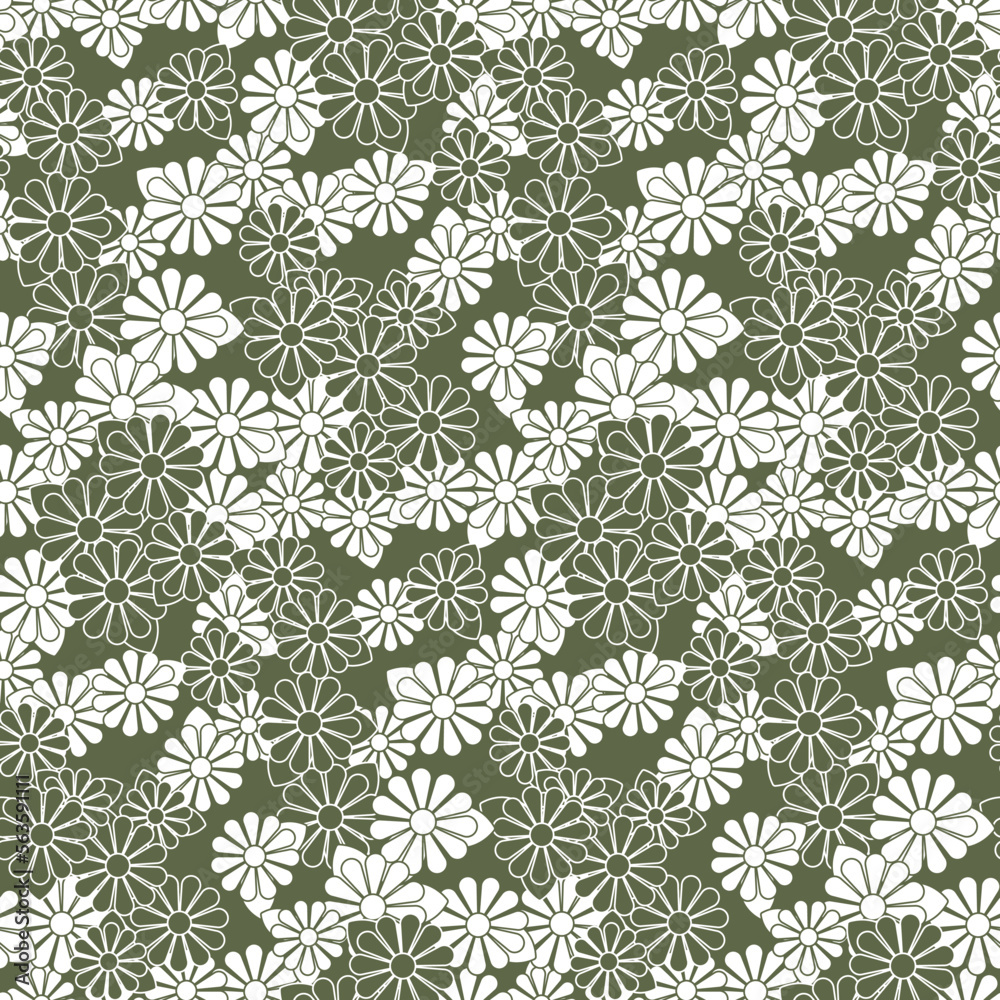 Seamless floral pattern, decorative vintage print with small daisies on a brown field. Simple botanical background with tiny flowers bud, leaves. Old fashioned ditsy design. Vector illustration.