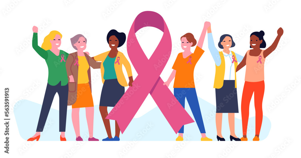Breast cancer awareness month. Different ethnic groups of women along with pink support ribbon symbol. Bust disease. Female solidarity. Prevention campaign. Medical help. Vector concept