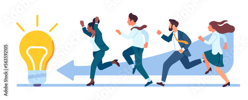 Business people are running to solve problem. Teamwork competition. Entrepreneurs leadership. Employees achievement. Businessman sprints to lamp bulb. Innovation idea. Vector concept