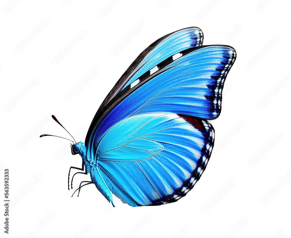 Beautiful bright blue butterfly isolated on white background with