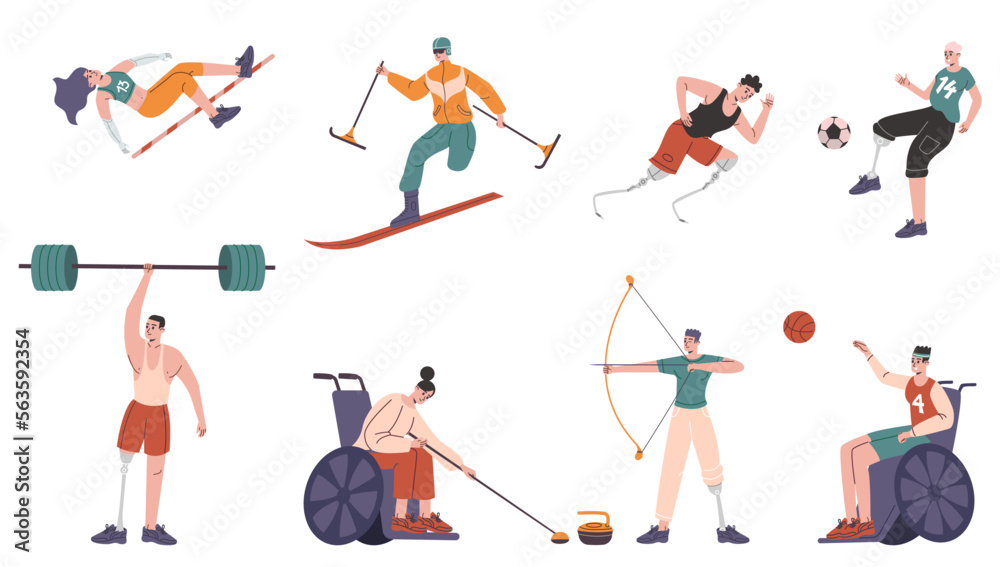 Cartoon paralympic athletes. Disabled people in professional sport. Absence of limbs and special prostheses. Runners and skiers. Persons in wheelchairs. Vector handicapped sportsmen set