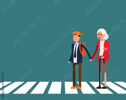 Boy helps elderly to cross the road. Vector illustration family concept