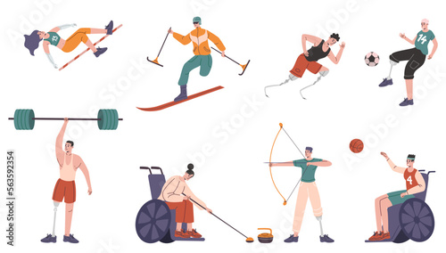 Cartoon paralympic athletes. Disabled people in professional sport. Absence of limbs and special prostheses. Runners and skiers. Persons in wheelchairs. Vector handicapped sportsmen set