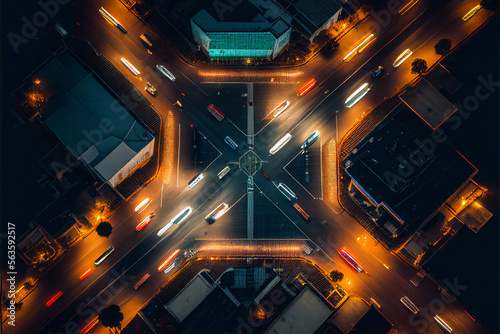 Top view of the intersection of city streets at night, the bright lights of the city at night, a major road junction, the highway with cars. generative AI