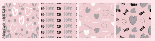 Collage of gentle romantic seamless patterns with hearts on pink background. Modern romantic design for paper, textile, cover, fabric, interior decor and other users