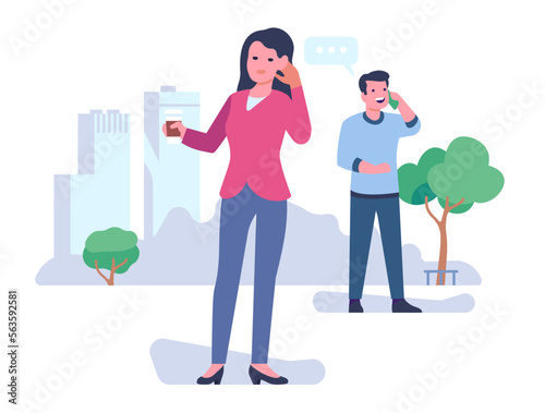 Curious woman listens with hand to ear. Eavesdropping on man phone conversation. Female interesting in male private talk. Secrets or gossips eavesdrop. Hearing concentration. Vector concept