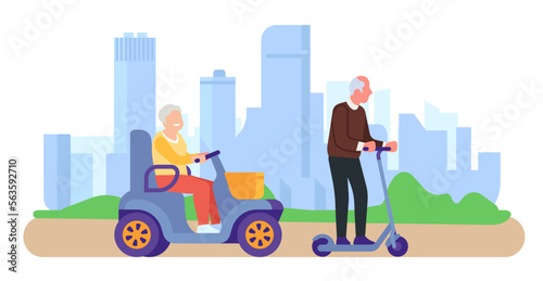 Disabled woman in electric wheelchair rides through park with her old man. Electrical transport. Retired people walk. City transportation. Pensioners travel by scooters. Vector concept