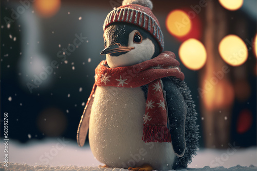 Penguin Christmas outfit in the snow_ generated AI photo