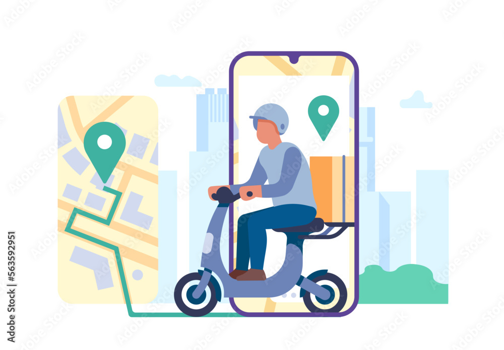 Fast delivery by scooter. Mobile application. Eco transport. Electric vehicle. Food delivering web service. Courier rides motorbike. Meal shipping. City navigation map. Vector concept Fast delivery by scooter. Mobile application. Eco transport. Electric vehicle. Food delivering web service. Courier rides motorbike. Meal shipping. City navigation map. Vector concept