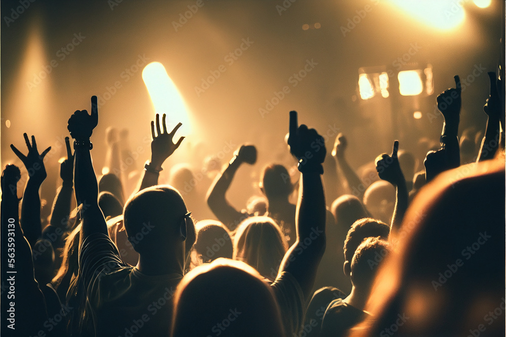 Music party a lot of people dancing in a nightclub view from the back, concert band, colored lights. generative AI