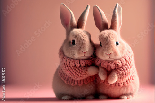 A couple of cute Easter bunnies sitting in crocheted sweaters on a pink background  copy space  space for text  happy Easter. generative AI