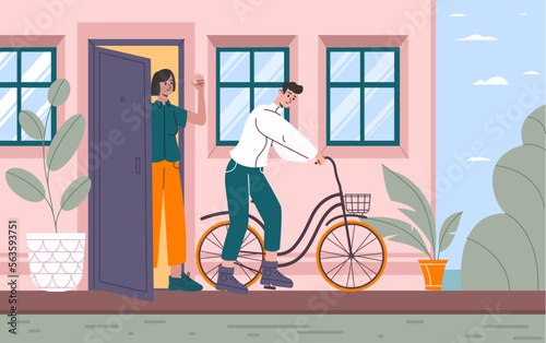 Leaving home. Funny guy with bike goes out door. Mother accompanies son on threshold. Farewell and separation. Teen with bicycle. Goodbye on house doorstep. House porch. Vector concept