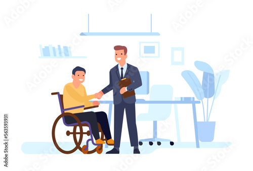 Man with disability gets job. Employee recruitment. HR manager and disabled worker. Equal accessibility. Inclusion in office work. Handicap person sitting in wheelchair. Vector concept