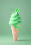 Ice cream in a waffle cone with green syrup on a pistachio background, copy space. Sweet food, creative 3d design. generative AI